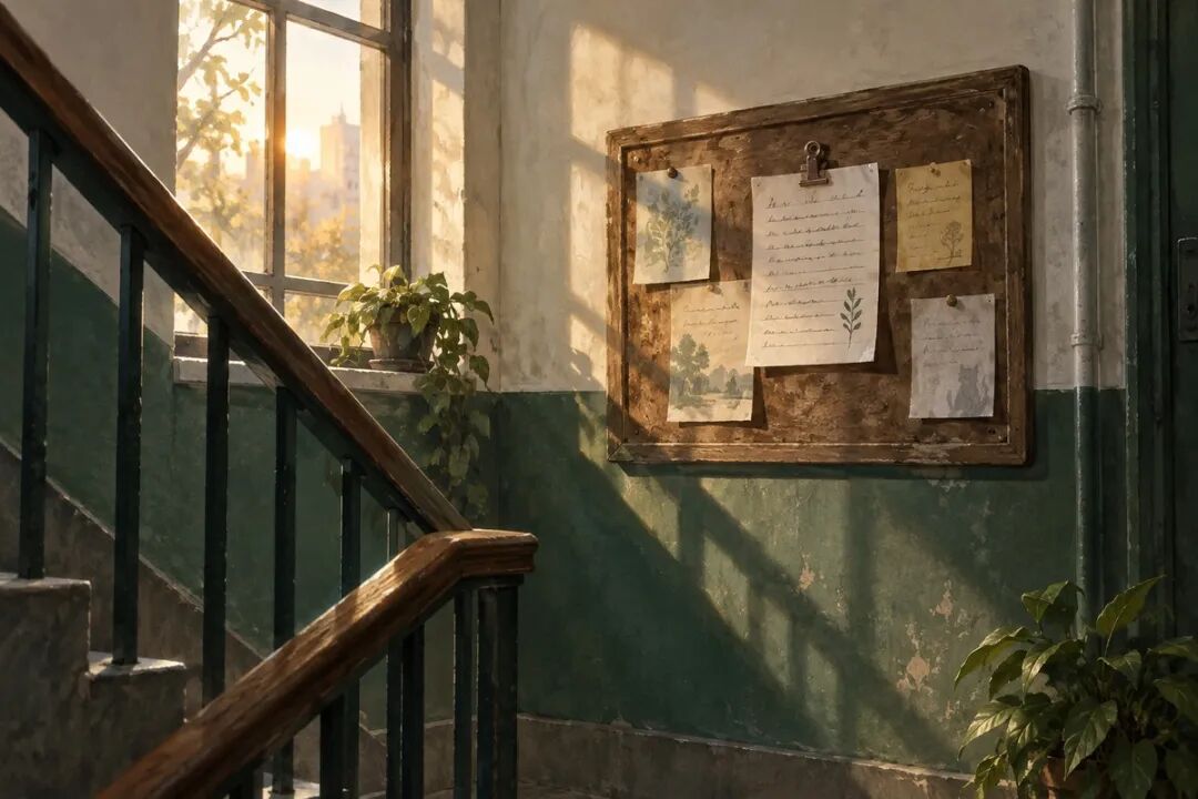 A letter posted in the communal hallway, with a row of neighbors' messages beneath it