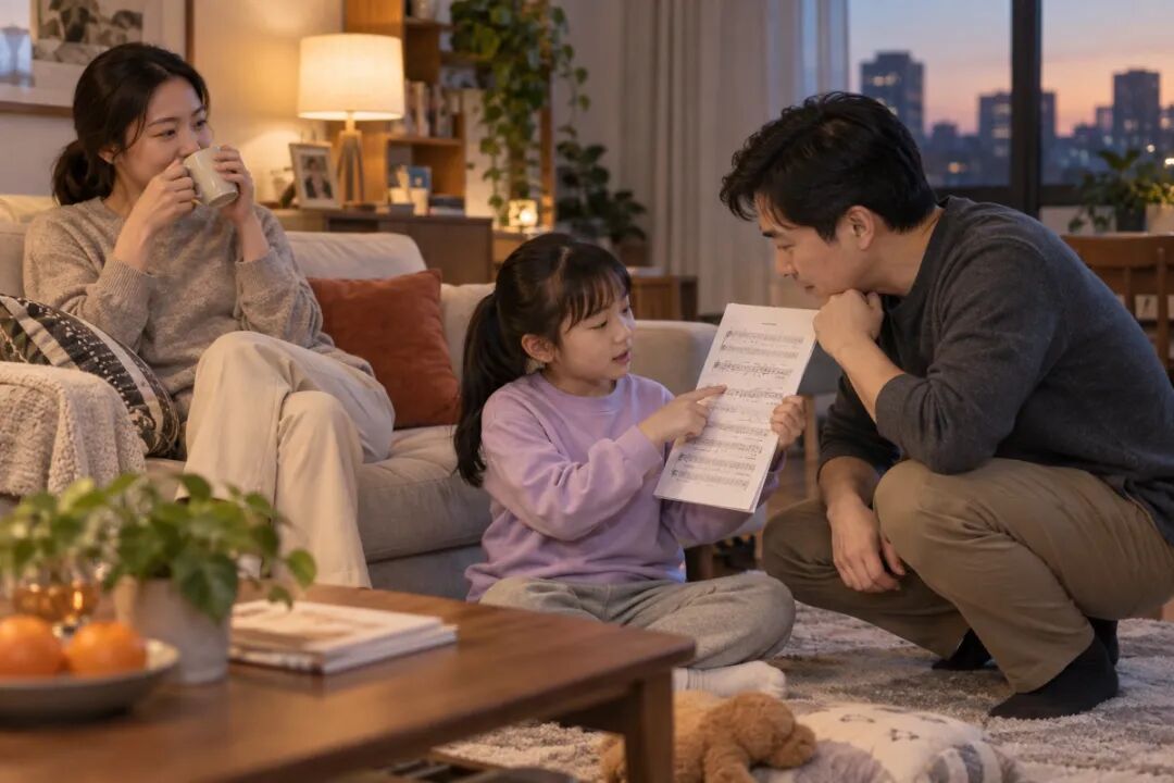 An evening view of a living room. Mom rests at one end of the sofa, drinking water, while Dad crouches down to listen as the child explains that evening's practice. The child points to the sheet music they are holding; the piano is outside the frame.