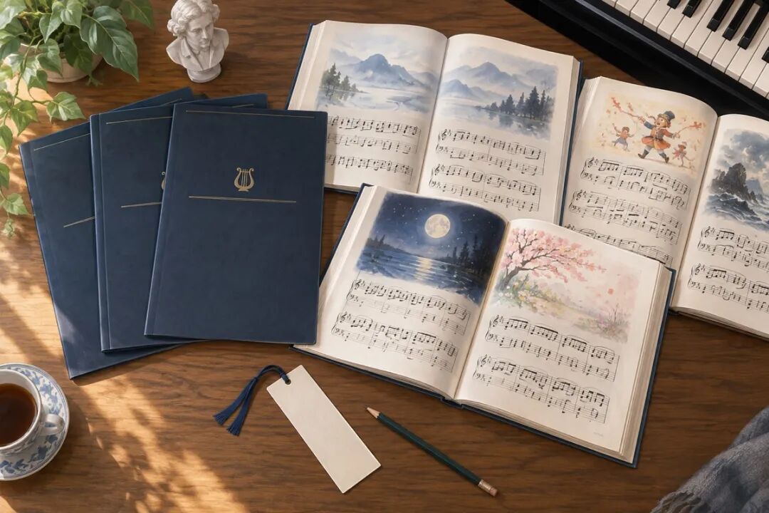 Dark-blue exam books sit on one side of a table, with illustrated sheet music spread out on the other, showing that pieces a child wants to play can also become goals for the year.