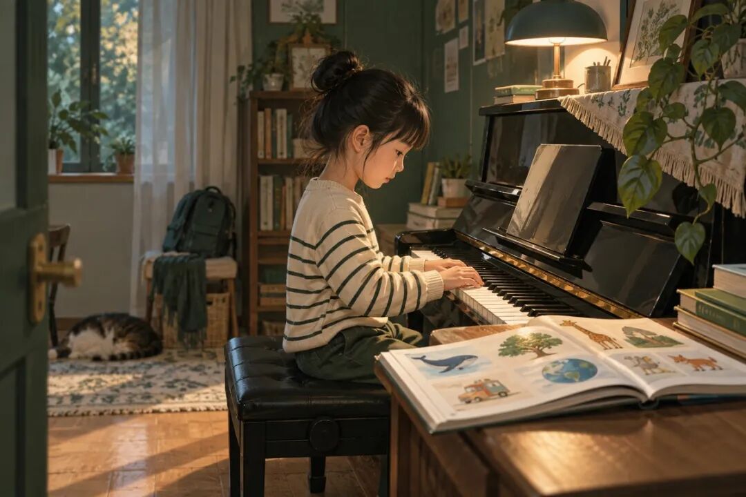 A child sits at a piano with an open picture dictionary nearby