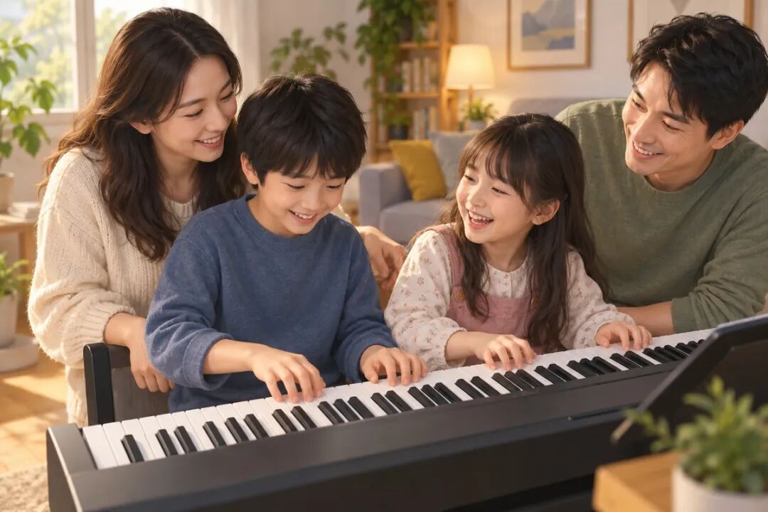 An illustration of a family of four gathered at a digital piano for a four-hand duet, showing a family playing together for ten to fifteen minutes each day.