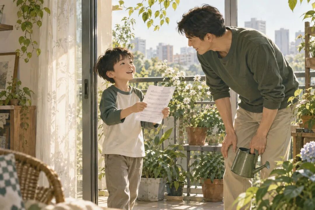 A child happily shares their progress with their father after completing a short section of practice