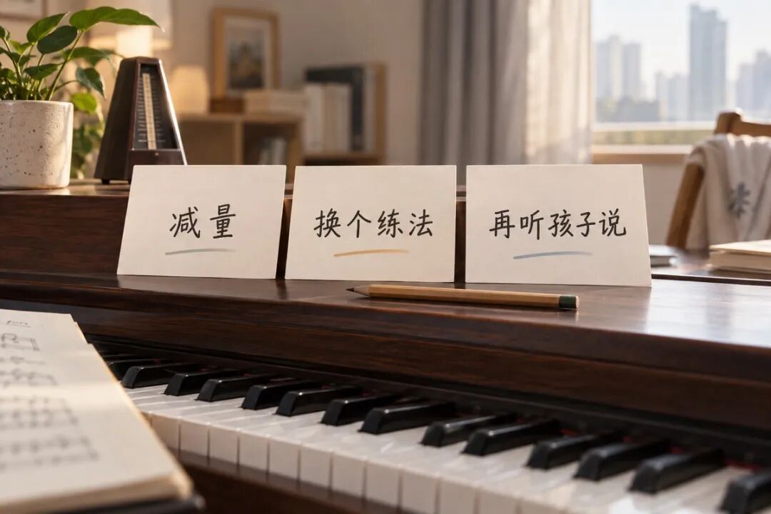 Three paper cards arranged from left to right, with only the Chinese labels meaning “Reduce the load,” “Try a different way to practice,” and “Listen to the child again,” alongside a pencil. A minimalist, clearly readable still life with no numbered steps.