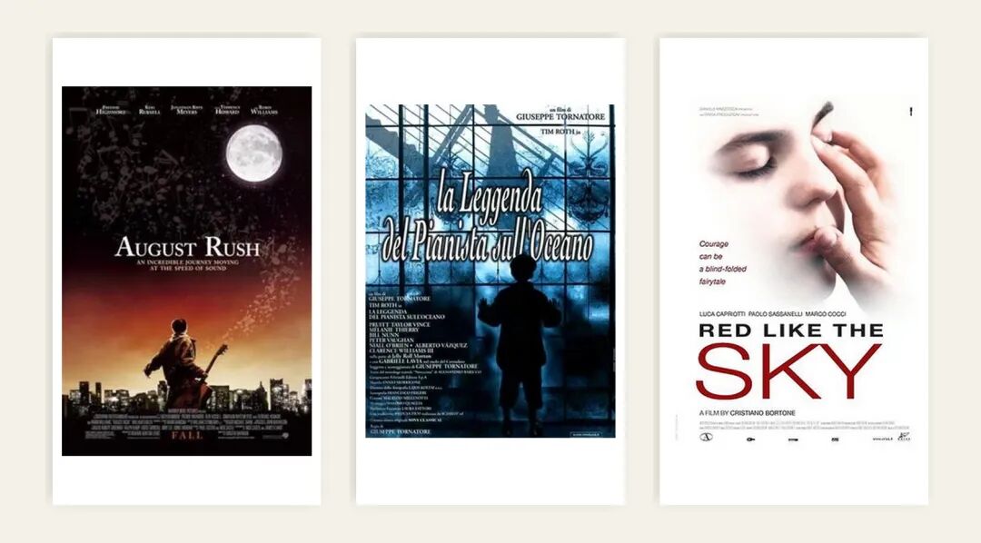 A collage of film posters for August Rush, The Legend of 1900, and Red Like the Sky