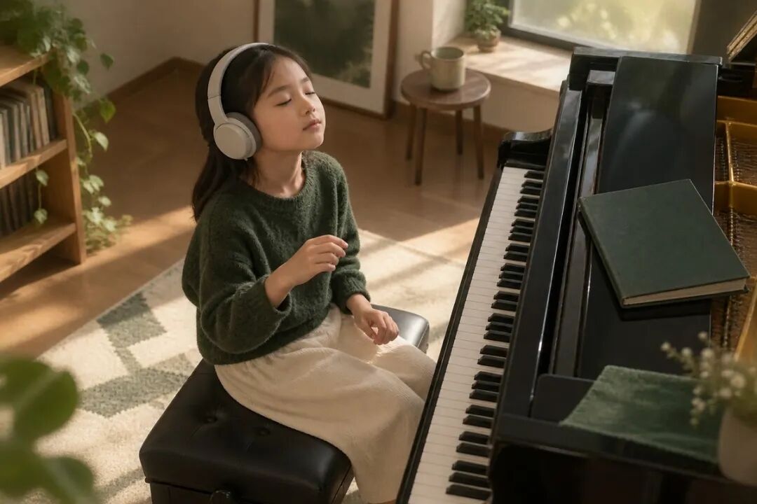 A child listens to the piano with eyes closed, with the score closed beside them