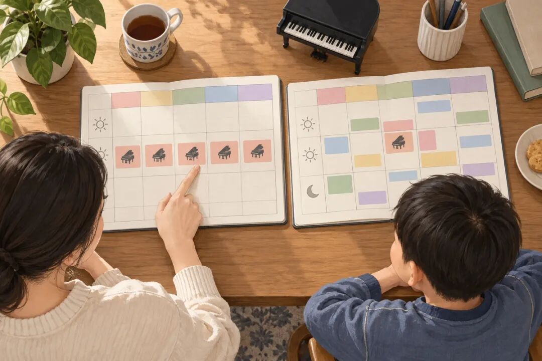 A parent and child looking at two colorful lesson schedules side by side, with a finger on the same weekly time slot, illustrating why parents should ask whether a teacher can offer a fixed lesson time.