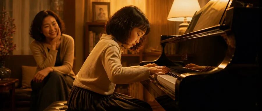A childhood scene of self-motivated piano practice in warm tones