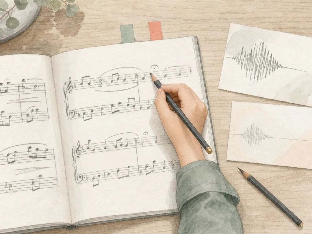 A child uses a pencil to mark dynamics and breathing points beside a phrase in the score