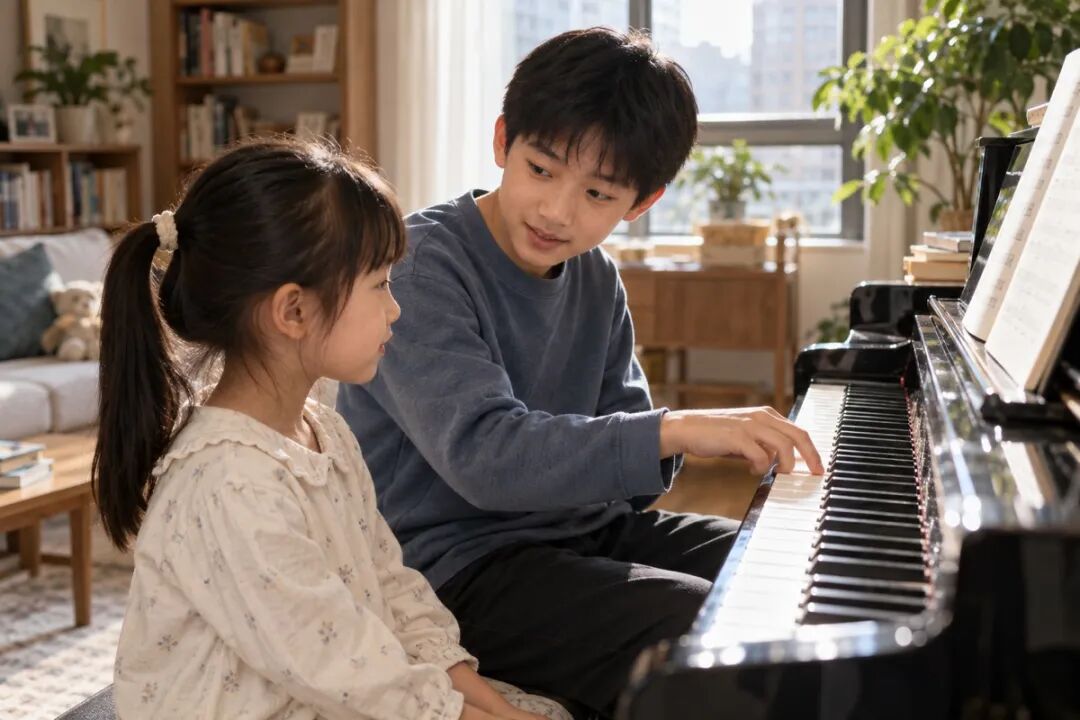 A teenager sits at one side of a keyboard and demonstrates a very short passage for a younger child. They interact comfortably at eye level in natural afternoon light at home, illustrating the ability to help someone else.