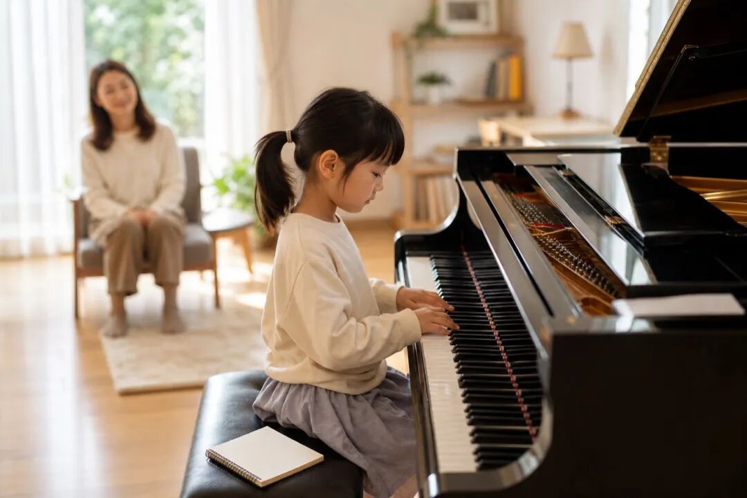 A parent sits beside the piano while a child pauses before a bar without continuing to play