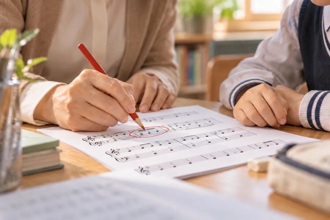 A teacher circling a measure on sheet music with a red pencil while a student watches beside them, illustrating how a good teacher explains which passages to practice at home that week.