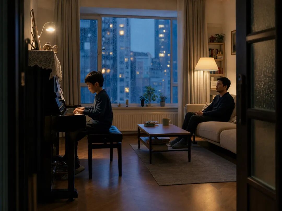 A parent sits a few steps away from the piano and listens to the child’s entire short phrase