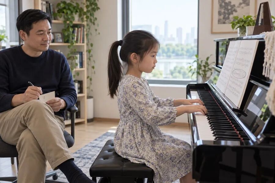 A child practicing at a slower tempo to check the stability of a musical phrase