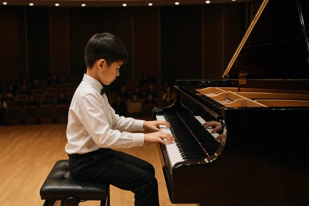 A child at the piano on stage keeps going to complete their performance