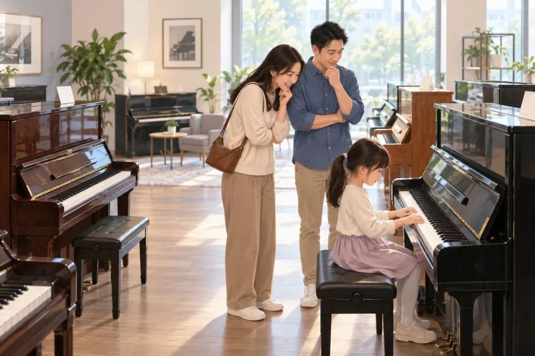 A family in a piano shop: a girl tries a piano while her parents discuss behind her, illustrating learning for a while before deciding whether to buy.
