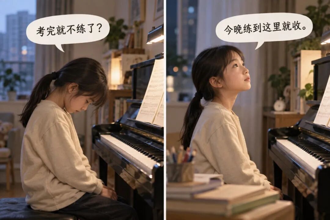 Editorial illustration of two dialogue cards. The Chinese wording means “No more practice after the exam?” and “Let's stop here for tonight.” A little girl's silhouette changes from looking down to looking up, without childish cartoon styling or exaggerated crying.