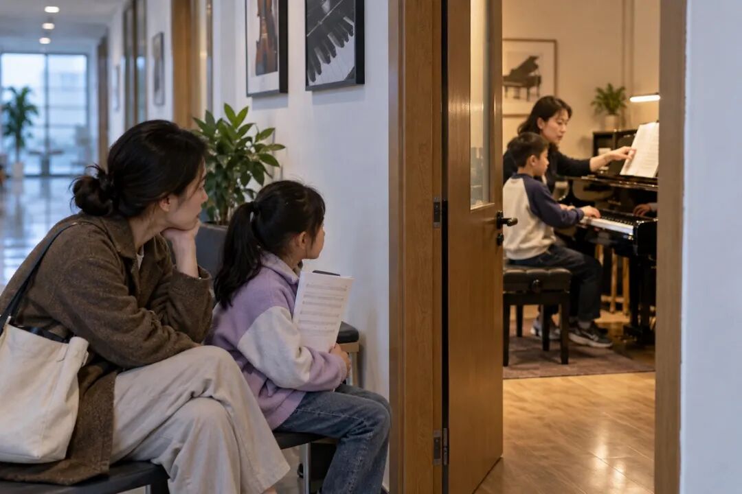 Parents and children waiting outside a small piano studio, with the door half open and a teacher demonstrating for another student inside; the quiet, tidy corridor shows that individual teachers remain busy without suggesting crowded queues.