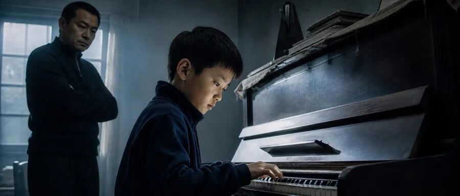 A childhood scene of high-pressure piano practice in cool tones
