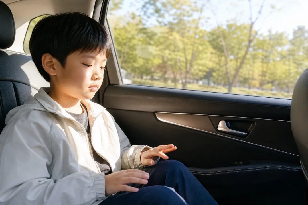 A child sitting by a car window listens to a familiar melody again