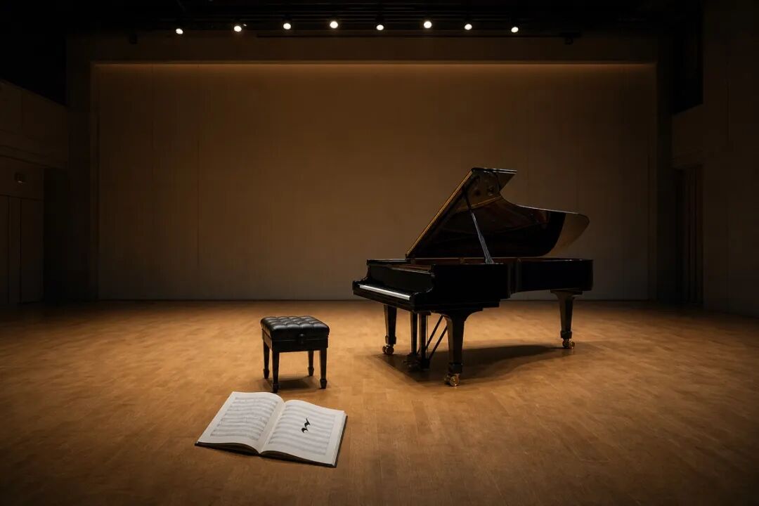 On an empty stage, a beam of light falls between a piano with its keyboard cover closed and an empty chair
