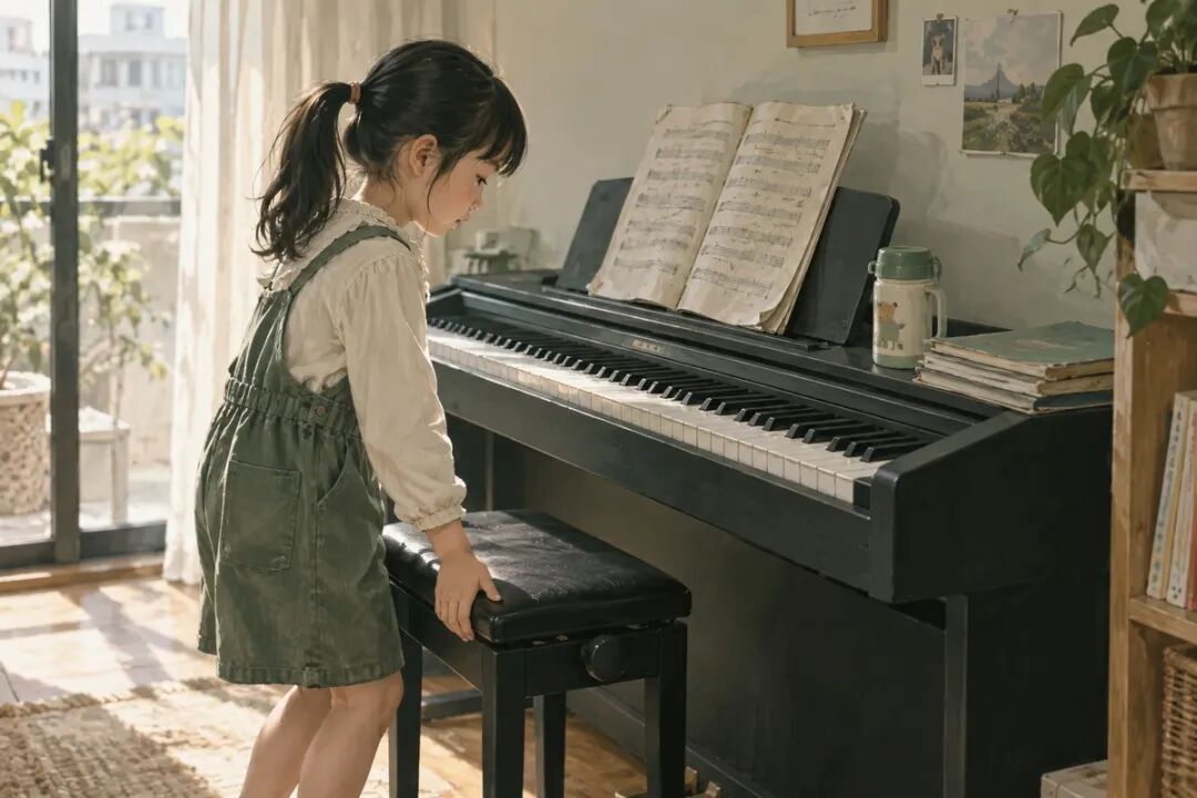 Illustration contrasting rows of pianos in a factory with a digital piano for home use
