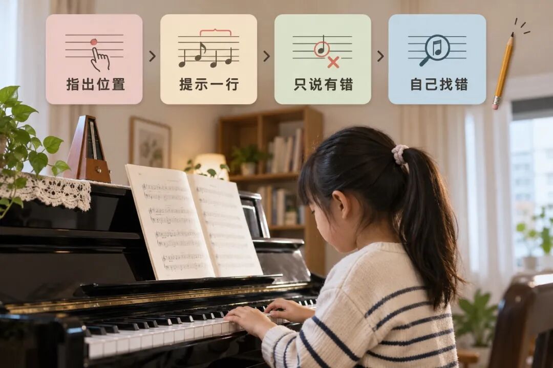 Four prompt cards arranged horizontally, with progressively less detailed guidance. The Chinese labels mean “Point out the location,” “Give a line-level hint,” “Only say there is a mistake,” and “Find the mistake yourself.” A small pencil sits at the far right, forming a clear set of editorial step cards.