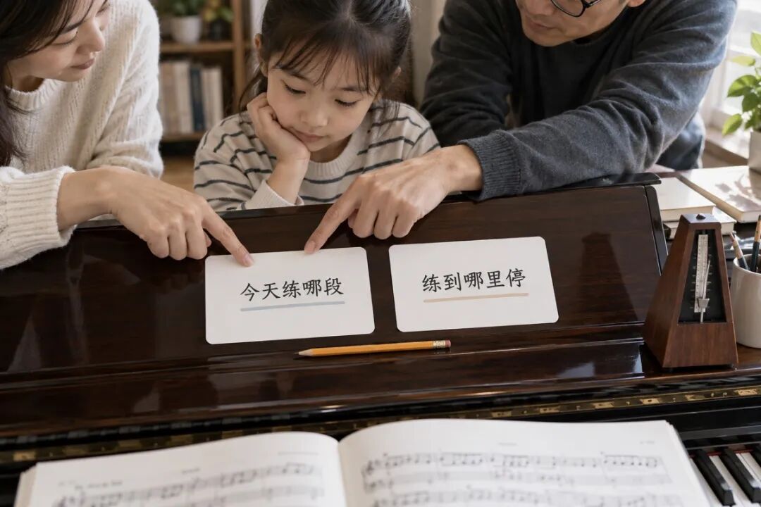 A tabletop still life with two clean cards side by side, bearing only the Chinese phrases meaning "Which passage are we practicing today?" and "Where do we stop?" A pencil lies horizontally below them, and an adult's hand points to the same card, illustrating consistent rules.