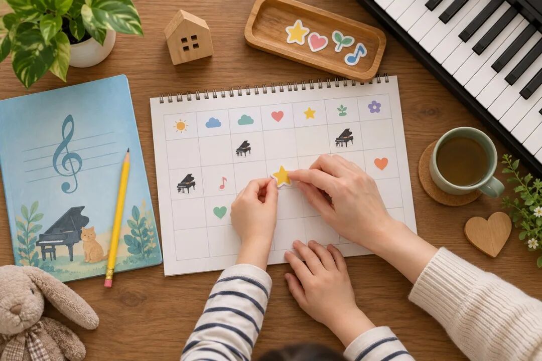An adult and a child put small stickers on a practice chart together, illustrating agreeing on a daily practice routine before buying a piano.