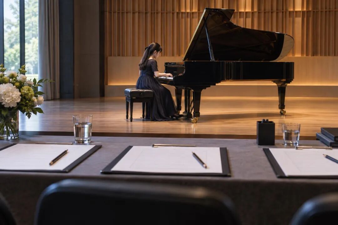 Score sheets and pencils sit on the examiners' table while a girl plays a grand piano on the stage in the distance, illustrating that a professional entrance audition assesses live performance.
