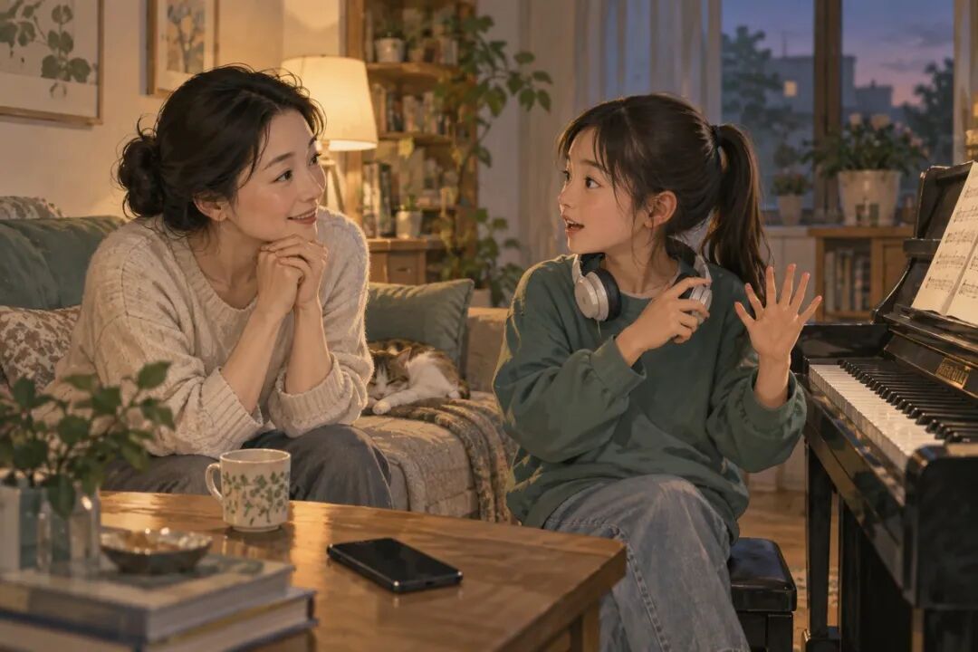 A child takes off their headphones after practicing and tells their mother about a problem they have just discovered