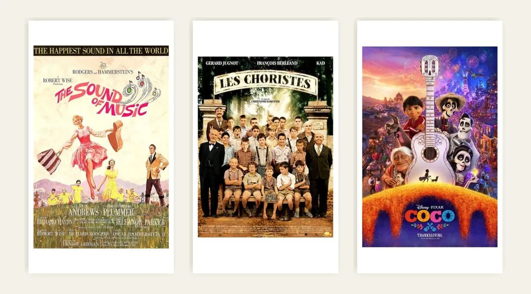 A collage of film posters for The Sound of Music, The Chorus, and Coco