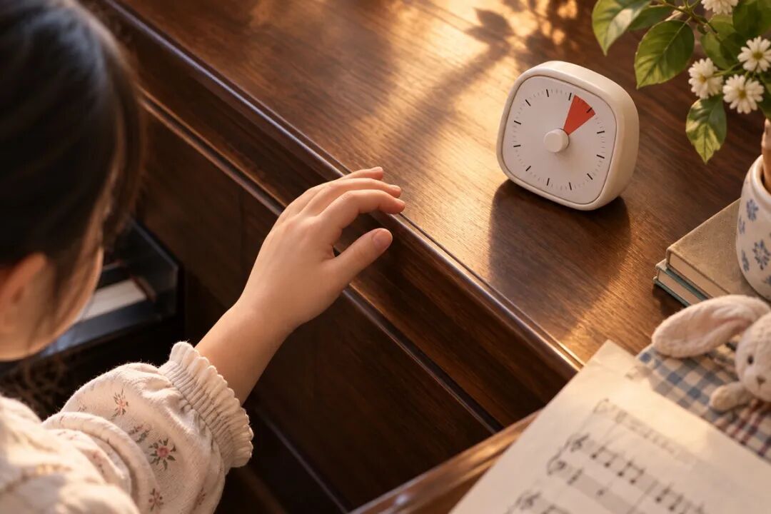 A child's hands rest at the edge of a piano beside a timer set for just five minutes, illustrating the idea of starting with five minutes a day and stopping while the child still wants more.