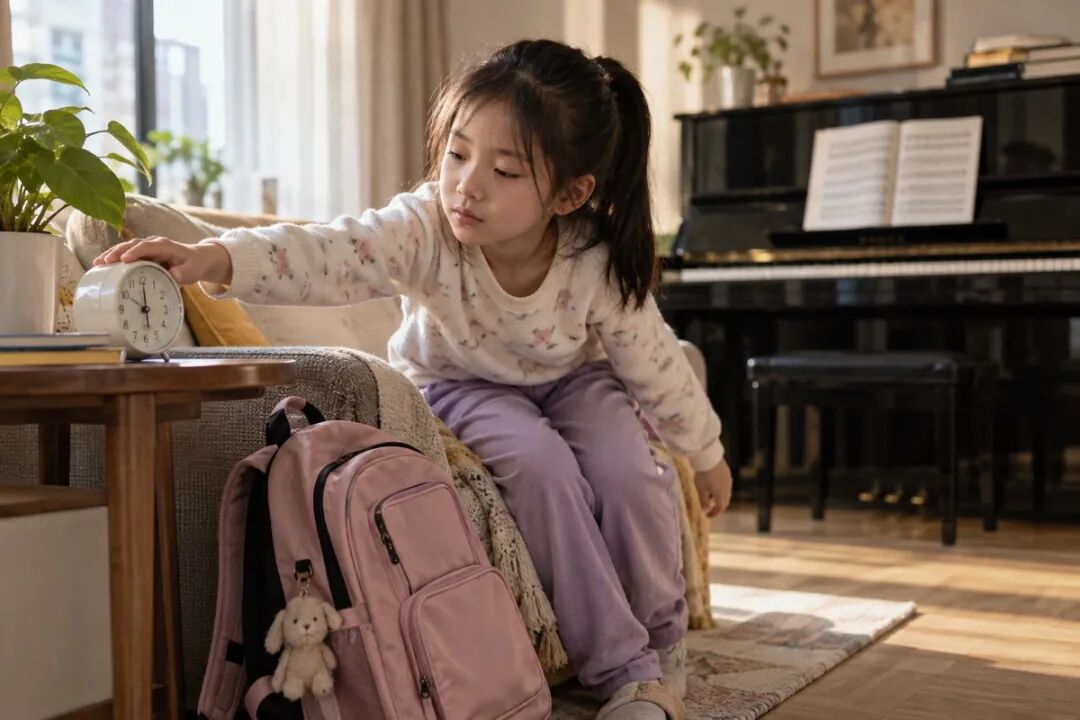 A simple alarm clock on a living-room side table beside a schoolbag the child has set down. The child reaches to turn off the alarm and gets ready to stand up, with the focus on starting rather than on piano practice itself.