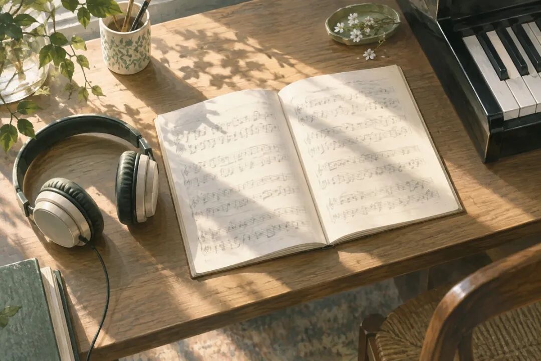 Headphones and a score book arranged in order on a table, with piano keys visible beside them