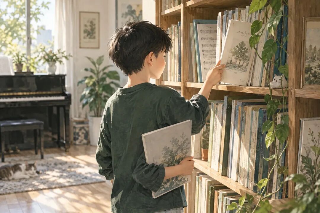 A child choosing the next piece they want to play alone in front of a bookshelf