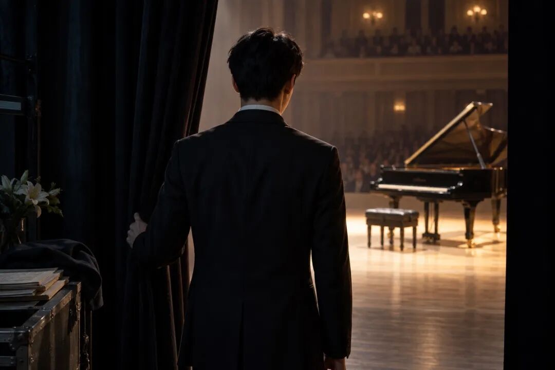 A young performer stands in the wings with their back to the camera, looking toward a grand piano at center stage and the audience seating, illustrating the moment before going onstage.