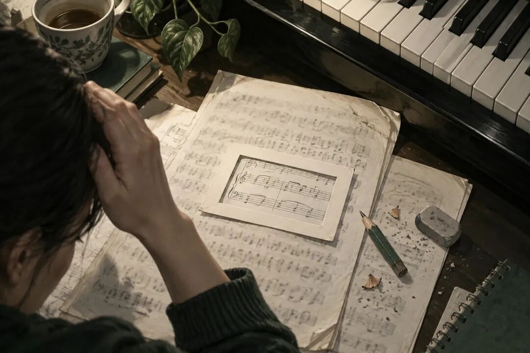 A child repeatedly plays the same line at the piano while a parent grits their teeth and stays beside them