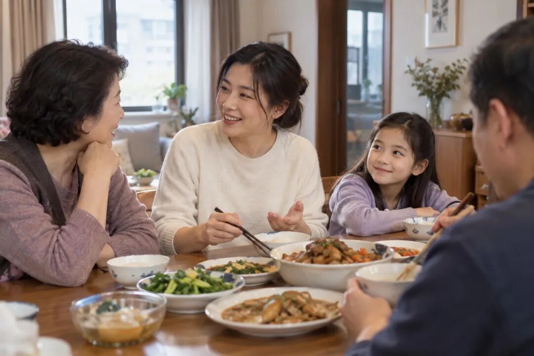 At a family meal, a child listens nearby as adults talk about piano grading exams.