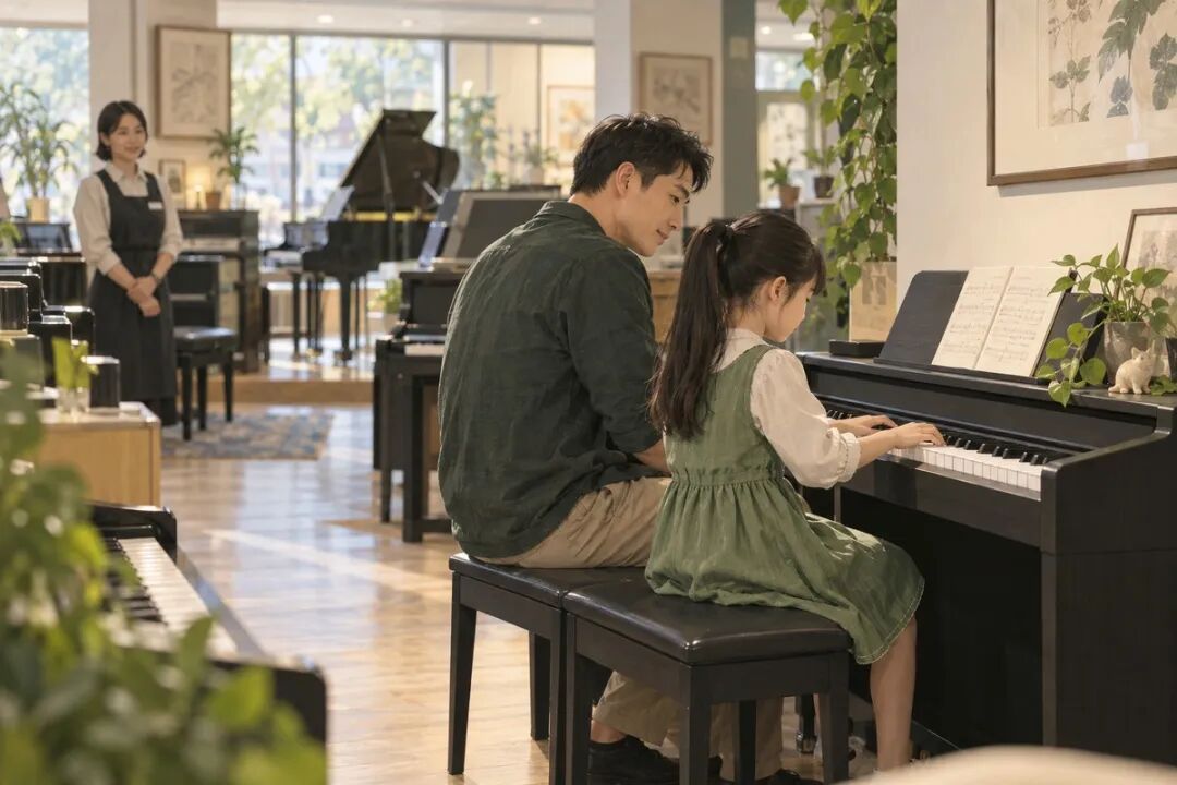 A parent and child trying an ordinary digital piano for home use together in a piano shop