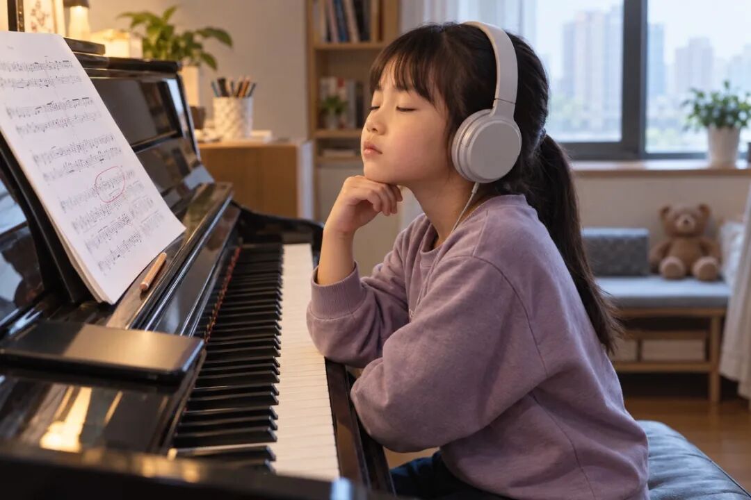 A child wearing headphones, eyes closed, listens carefully to a recording of their own playing. A paper score and pencil are in front of them, while the device screen faces down. The child has circled one spot, emphasizing listening independently first without depicting a fabricated product interface.