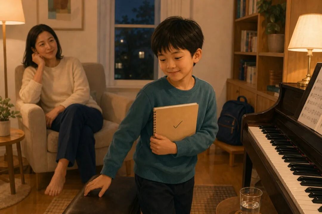 A child leaves the piano bench feeling relaxed after completing a small task