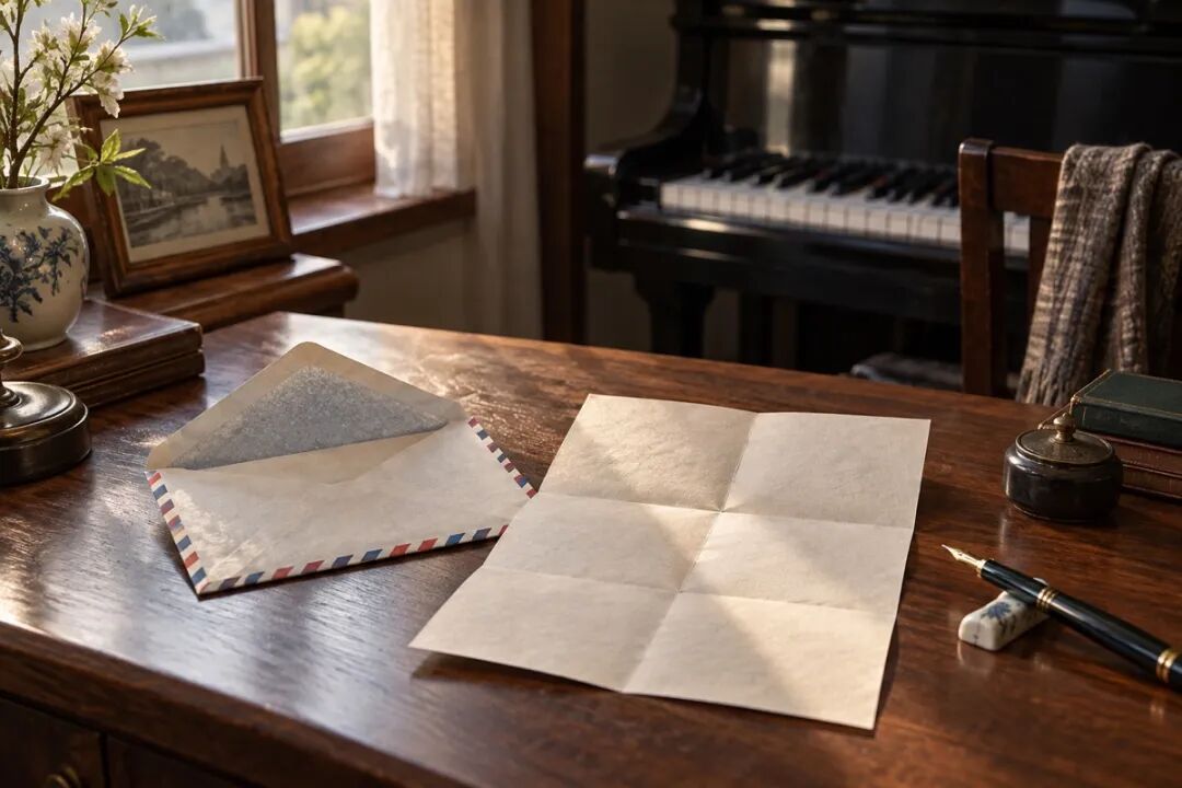 An opened airmail envelope and a sheet of writing paper lie on an old desk, with an upright piano behind them, illustrating Fu Lei’s letters to his son far from home.