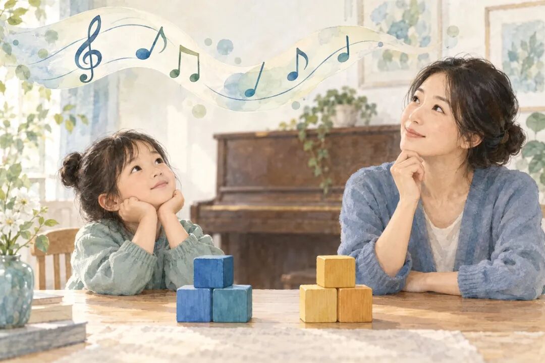 A mother and girl lean over a table with two groups of three building blocks, resembling two triads and illustrating a two-chord accompaniment activity at home.