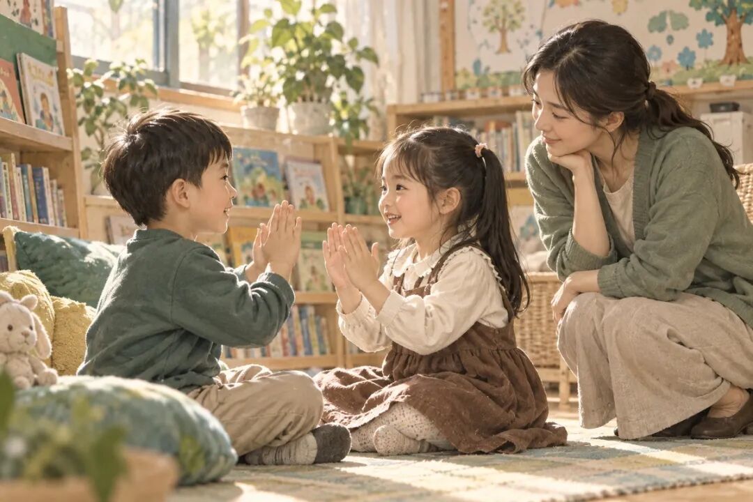 Children communicate through a rhythm game in a reading corner while a teacher listens nearby