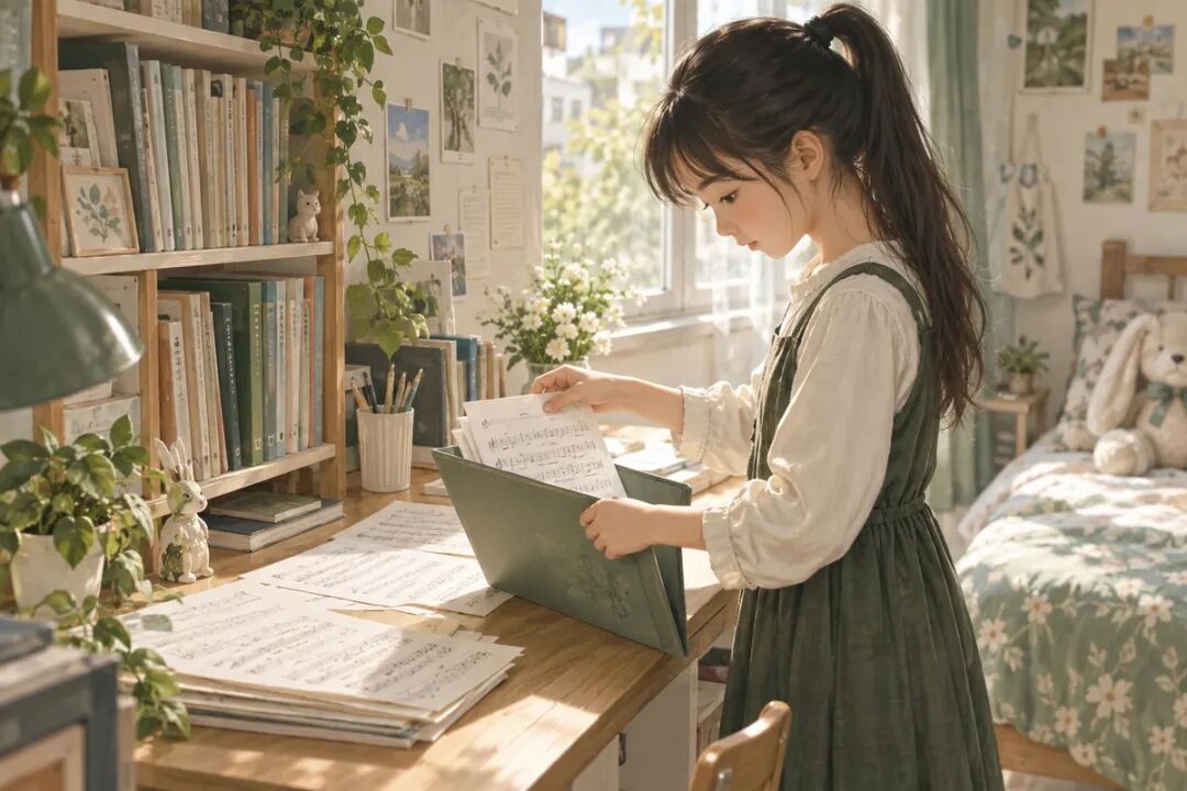 A child putting familiar sheet music into a repertoire folder