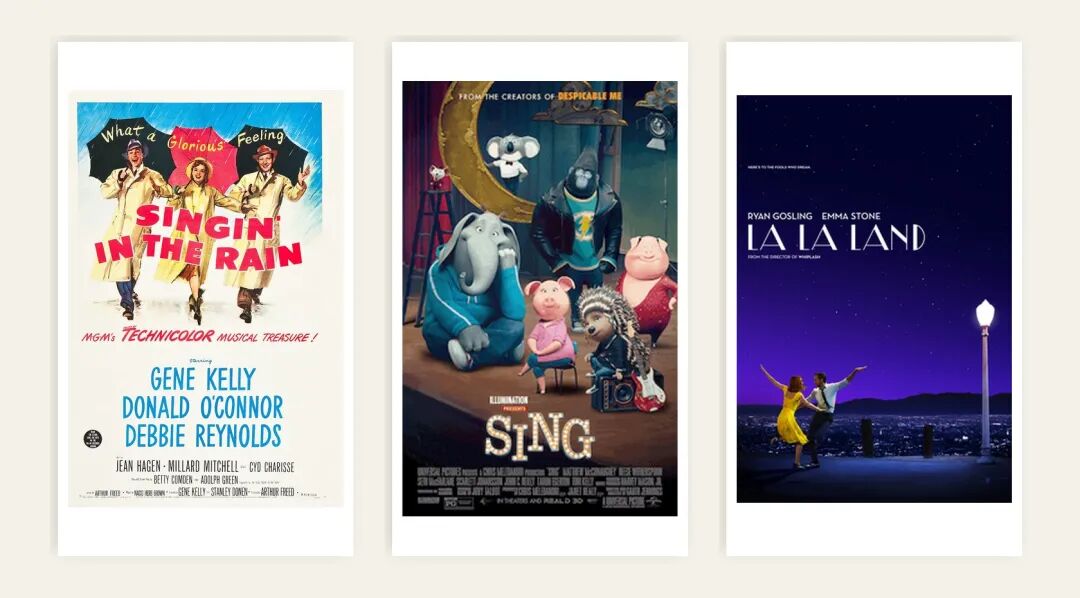 A collage of film posters for Singin' in the Rain, Sing, and La La Land