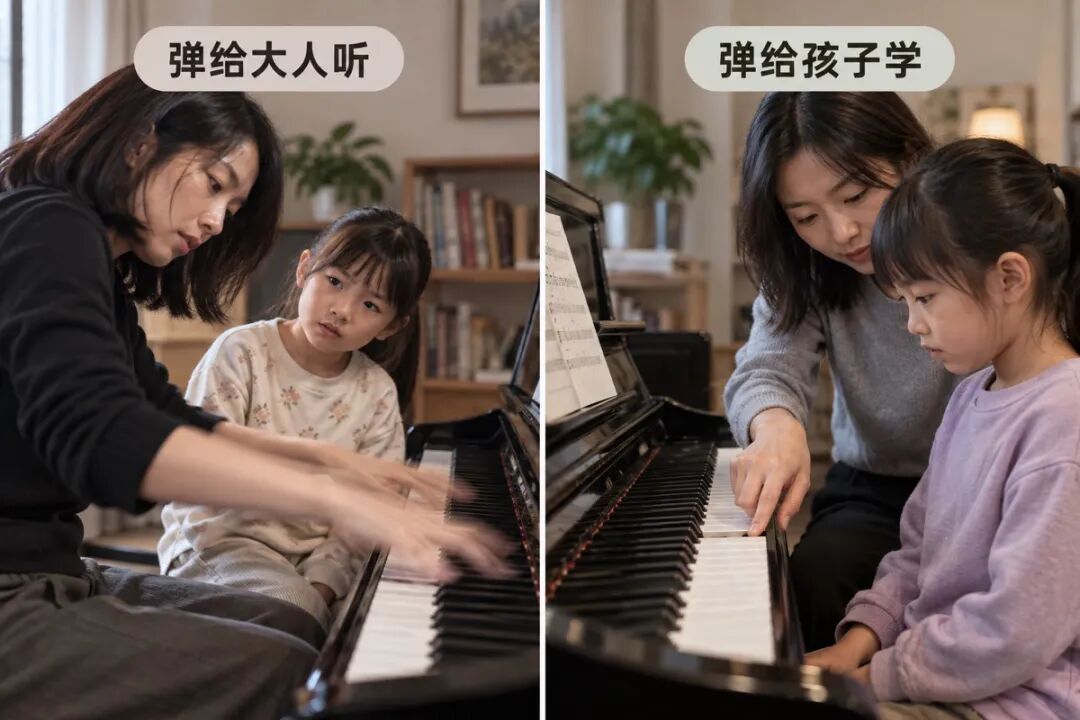 A two-panel teaching illustration: on the left, an adult's hands sweep quickly across the keyboard while a child looks bewildered; on the right, an adult clearly demonstrates two notes with one finger while the child pays attention. The only labels mean "Playing for the adult to hear" and "Playing for the child to learn." This is not an app screenshot.