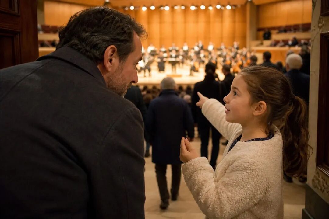 After the concert, a parent first listens to what the child remembers