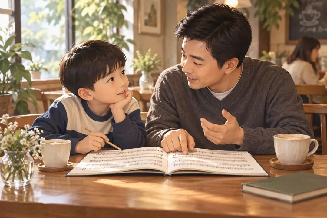 A father and son sit side by side at a table looking at the same sheet music, with the father gesturing as they talk, illustrating a discussion after a lesson like classmates.
