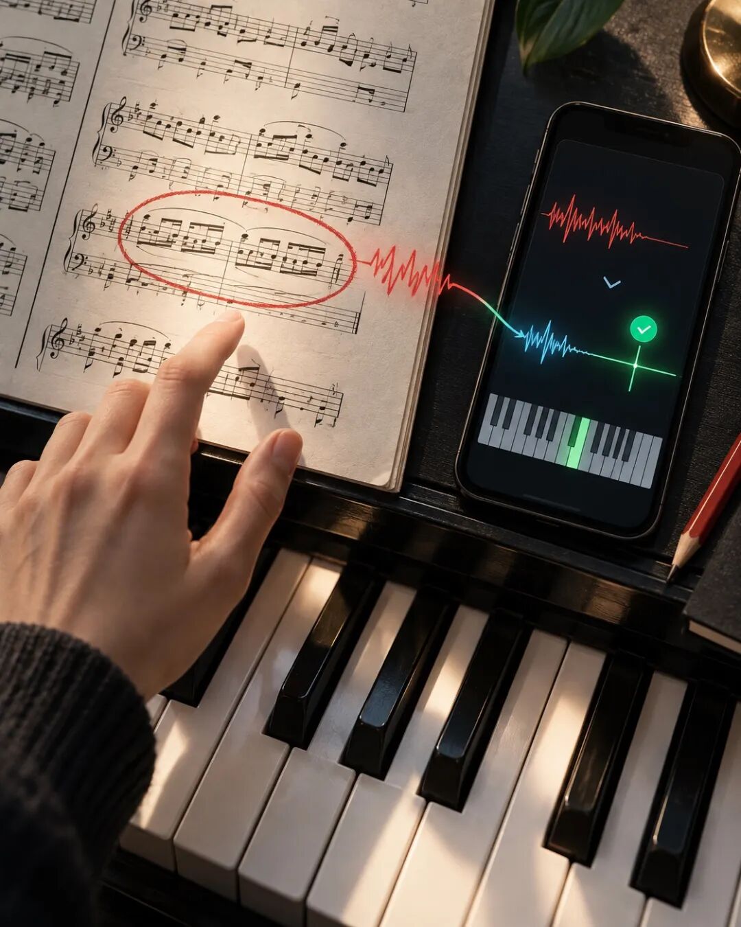 Measures with mistakes on the score become green level checkpoints through audio feedback